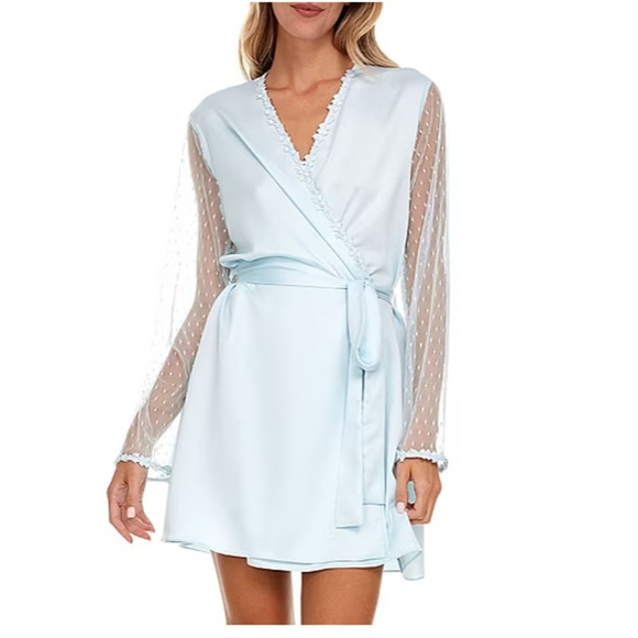 FLORA NIKROOZ WOMENS XSMALL SHOWSTOPPER COVER-UP SATIN ROBE ICE BLUE NEW - Picture 1 of 15
